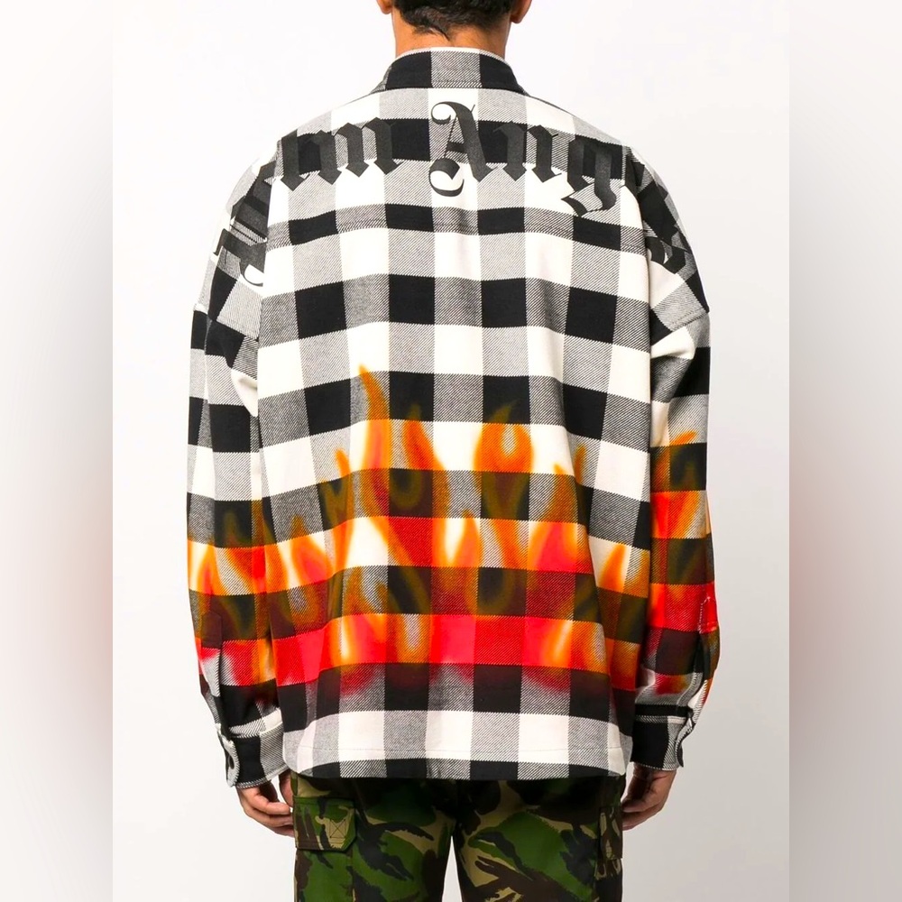 Palm Angel Check Shirt Jacket Shacket Plaid Fire Logo Button Down Long Sleeve